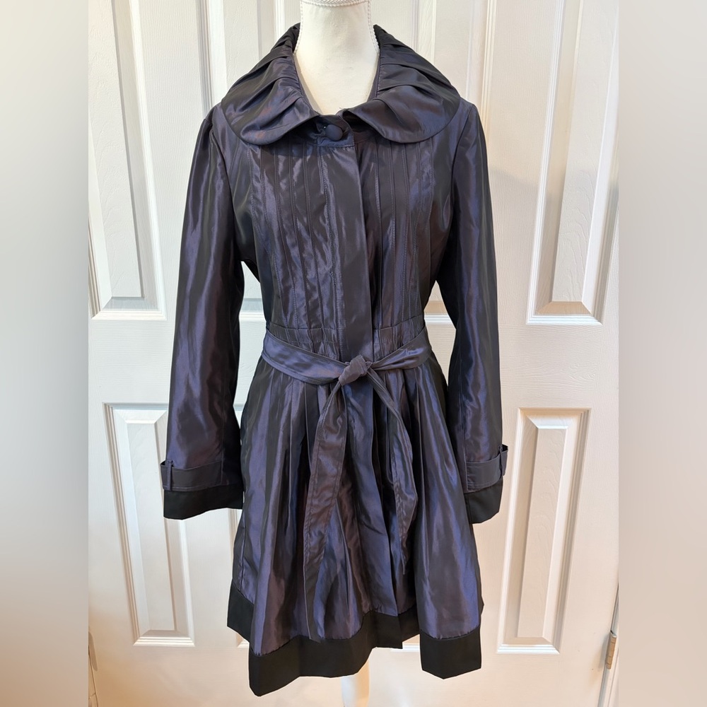 C.C Couture Eggplant Ruffle Collar Belted Jacket with Black Trim Size M